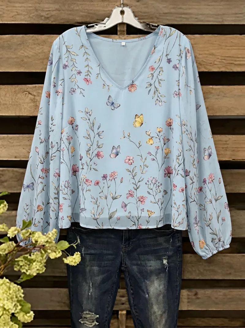 Butterfly Floral V-Neck Women's Loose Printed Blouse