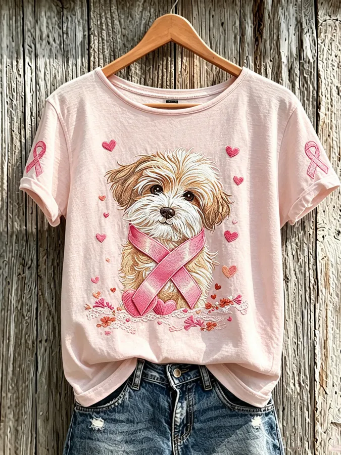 Women'S Breast Cancer Cute Dog Pattern Printed Casual Short-Sleeve T-Shirt