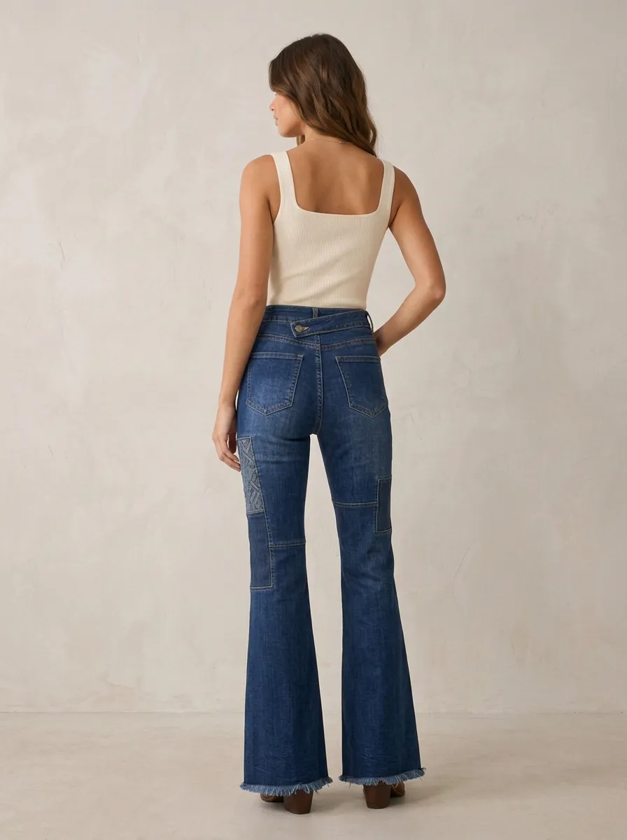 Women's Vintage Style Patchwork Frayed Hem Printed Jeans