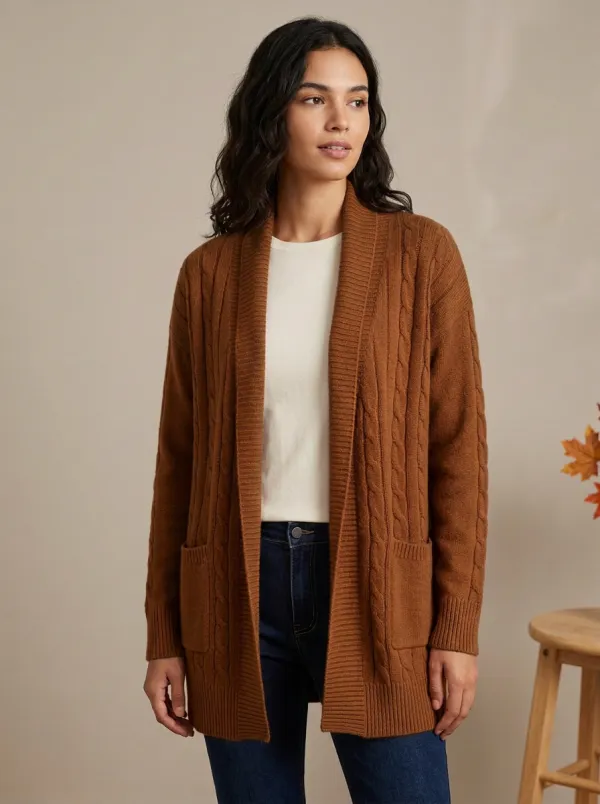 Classic Cable-Knit Open-Front Knit Cardigan