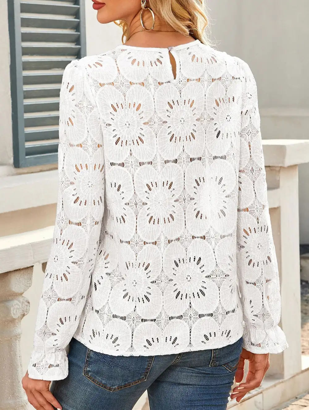 Openwork Lace Long Sleeve Blouse