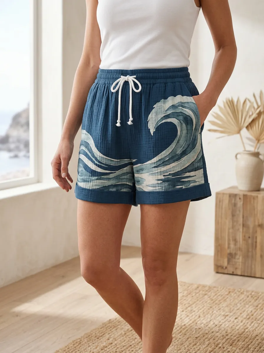 Women's Ocean Beach Lover Blue Wave Printed Shorts