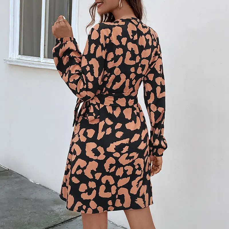 Women's Wrap Long-Sleeve Leopard-Print Dress