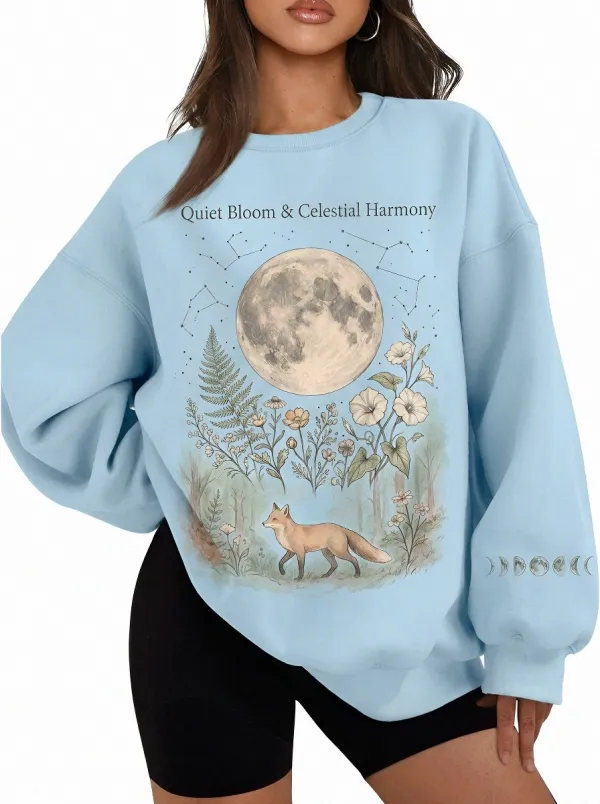 Women's Celestial Fox Moon Floral Printed Sweatshirt