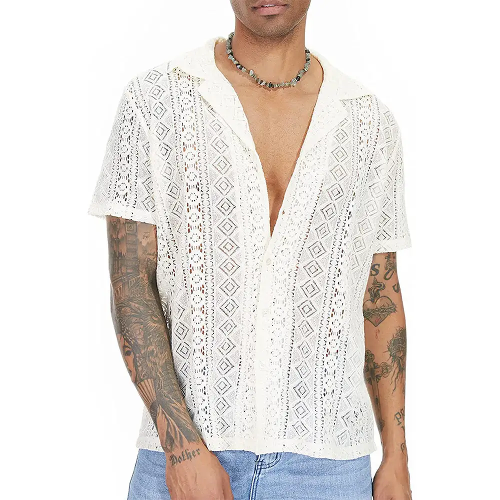 Men's Airy Crochet Knit Polo With Open V-Neck And Classic Collar