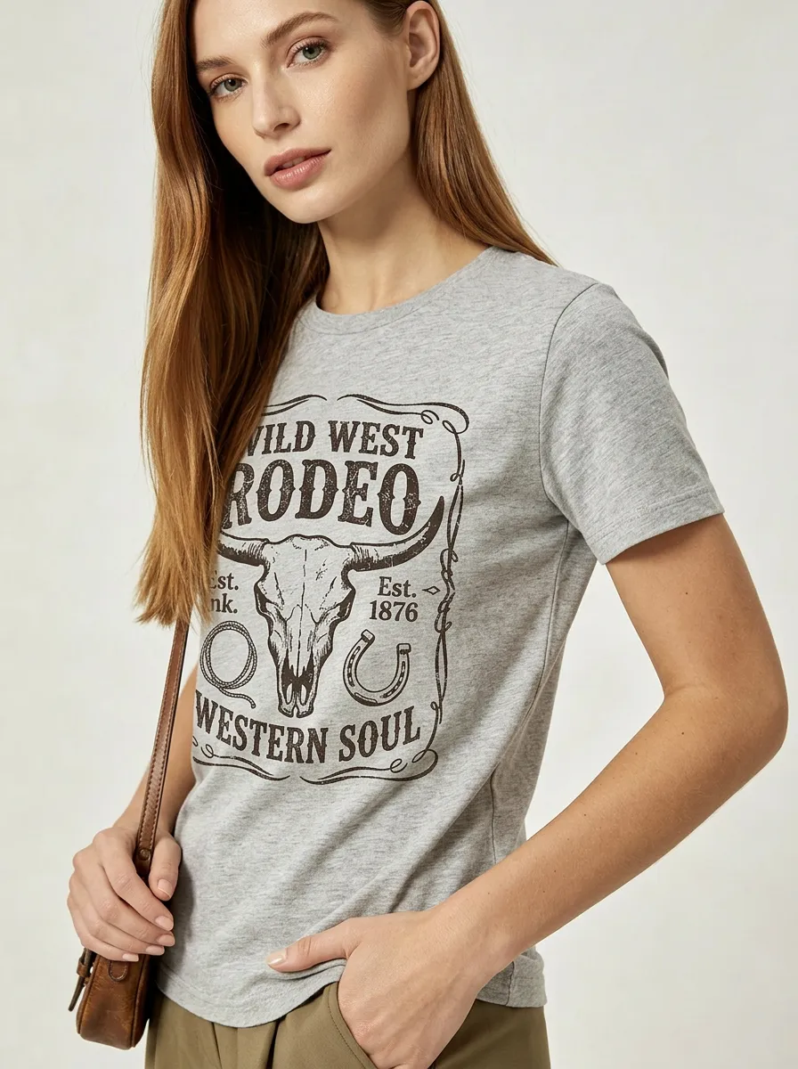 Women's Wild West Rodeo Cow Skull Printed T-shirt
