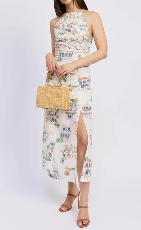 Women's White Floral Print Slit Midi Dress