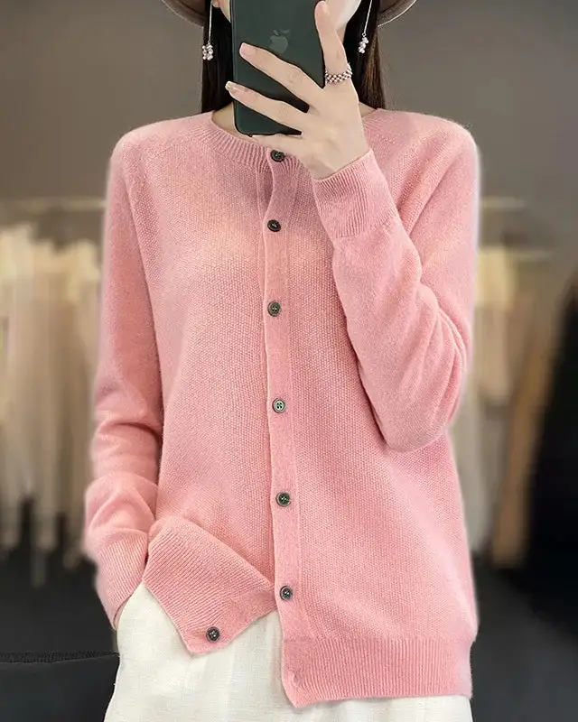 Refined Wool Button-Front Round-Neck Cardigan