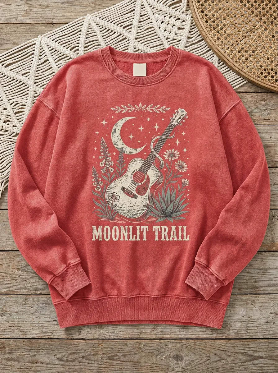 Floral Guitar Moon Unisex Western Crew Neck Sweatshirt