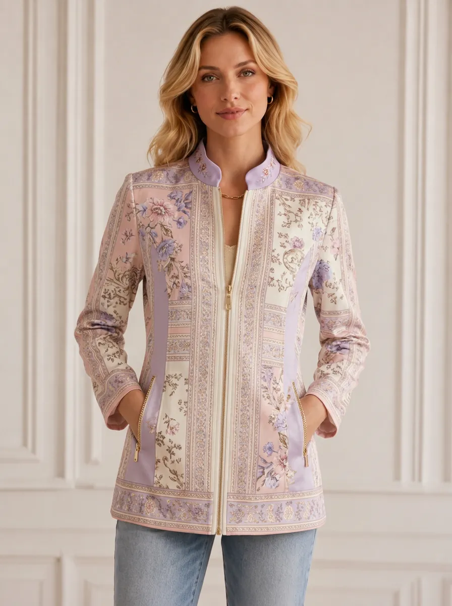 Women's Floral Patchwork Side Pocket Zip Jacket