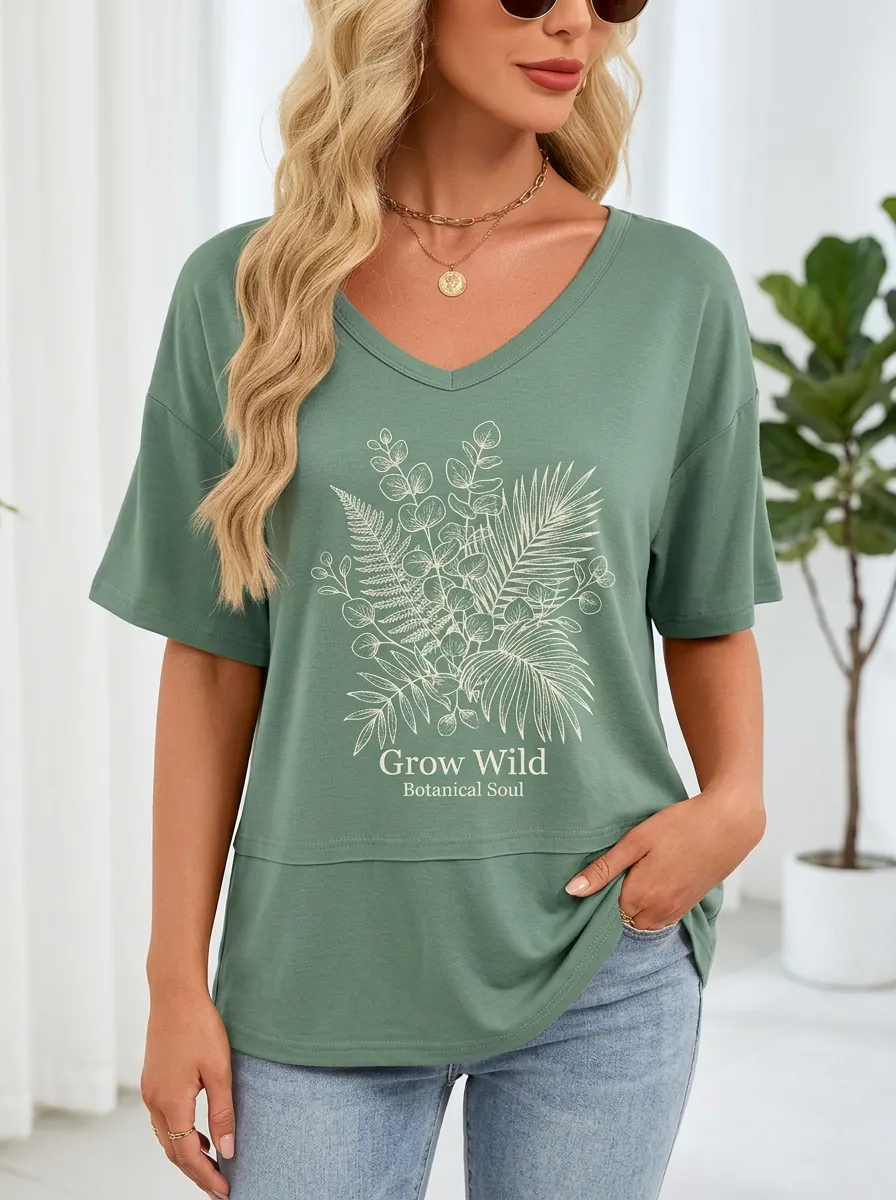 Women's Nature Lover Grow Wild Botanical Fern Printed T-shirt