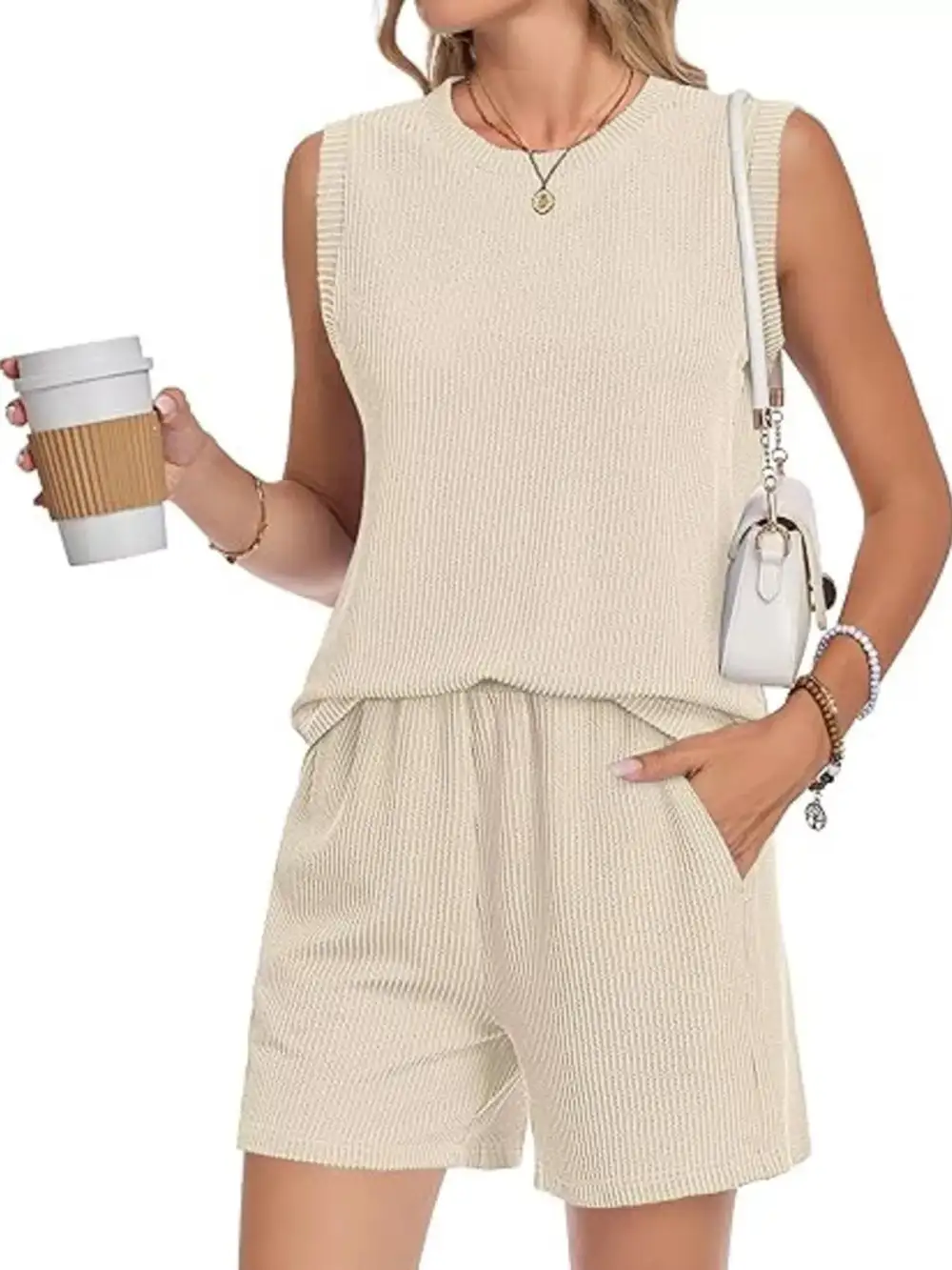 Casual Ribbed Knit Sleeveless Top Shorts Set
