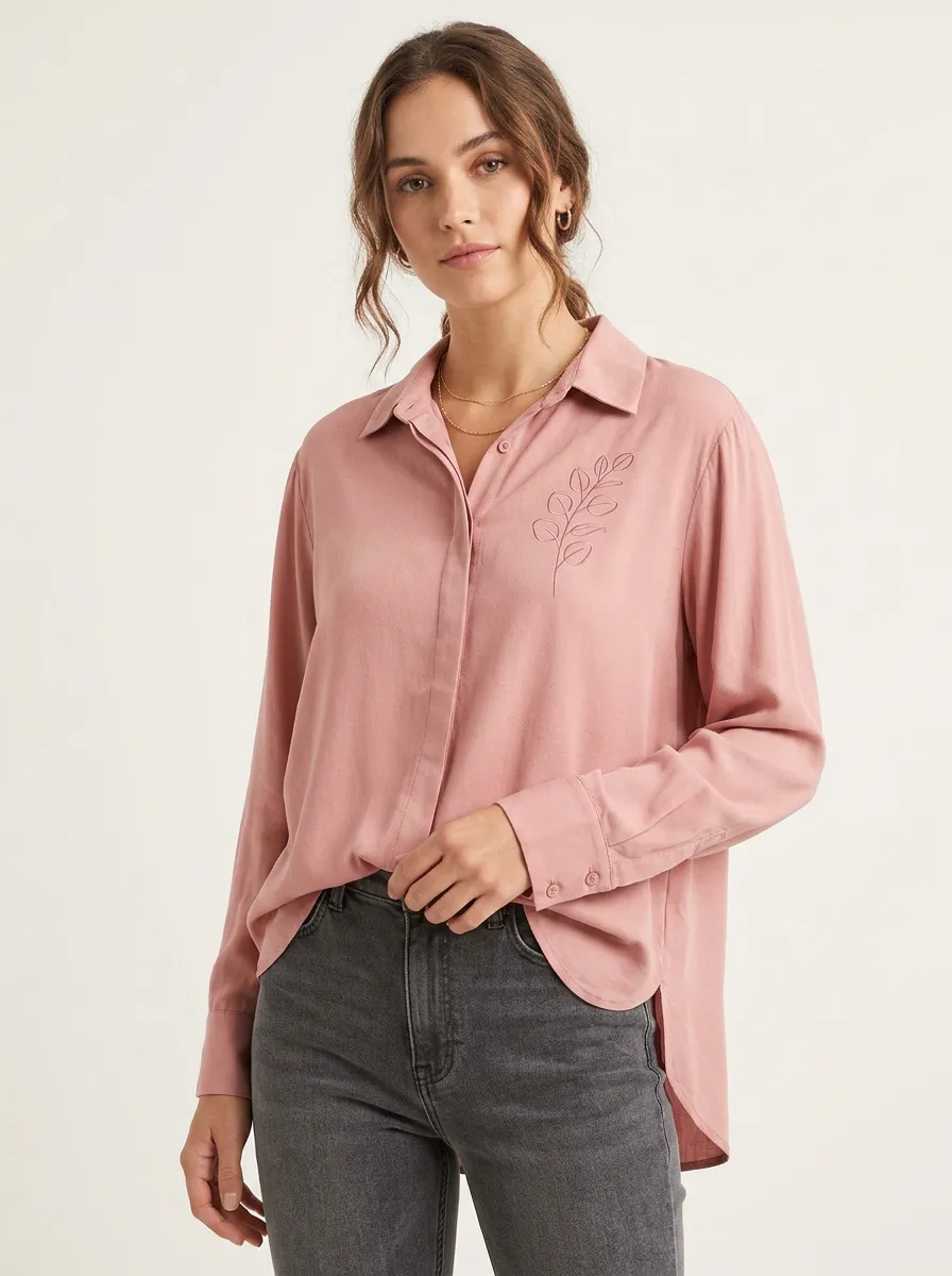 Women's Minimalist Botanical Leaf Embroidered Pink Button-up Shirt
