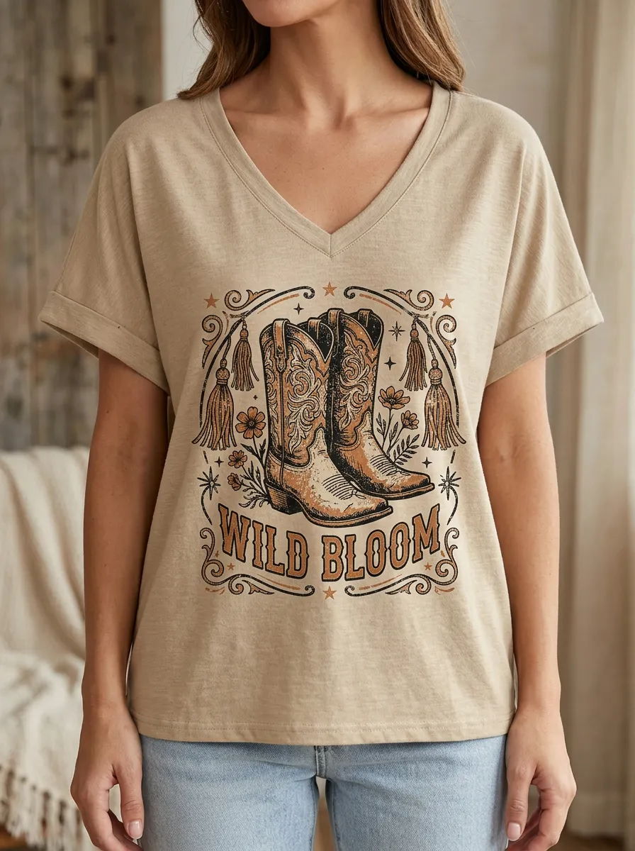 Cowboy-Boot Floral Wild-Bloom Western V-Neck T-Shirt