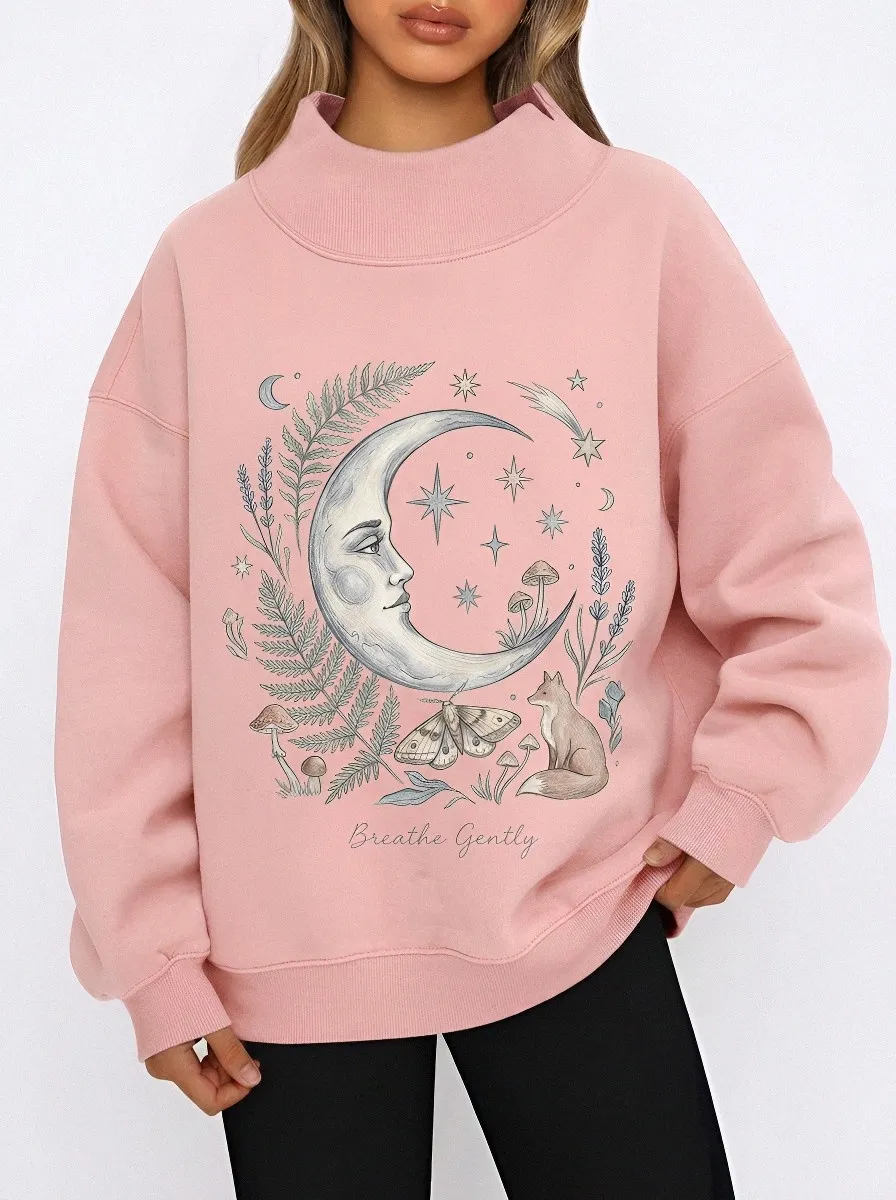 Women's Celestial Nature Lover Moon Fox Mushroom Printed Sweatshirt
