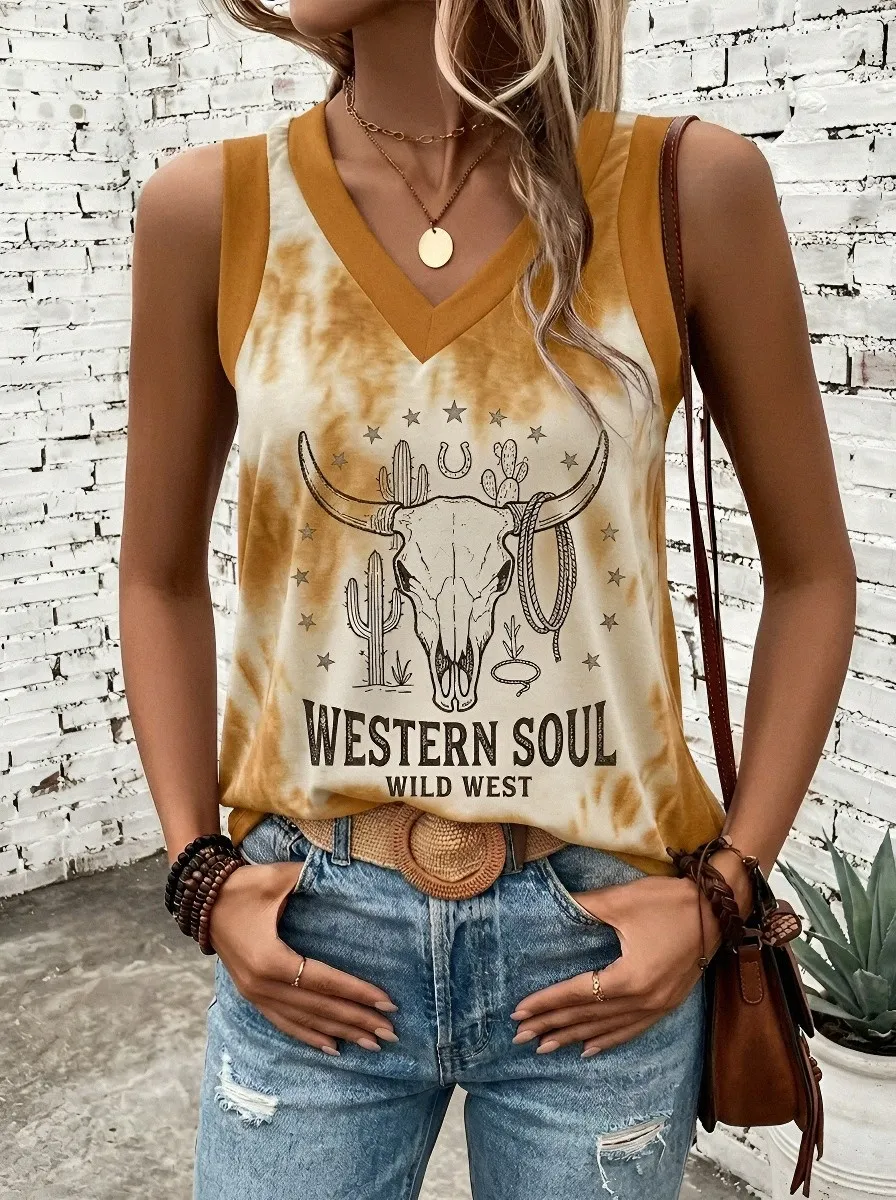 Women's Western Soul Cow Skull Cactus Printed V-Neck Tank Top