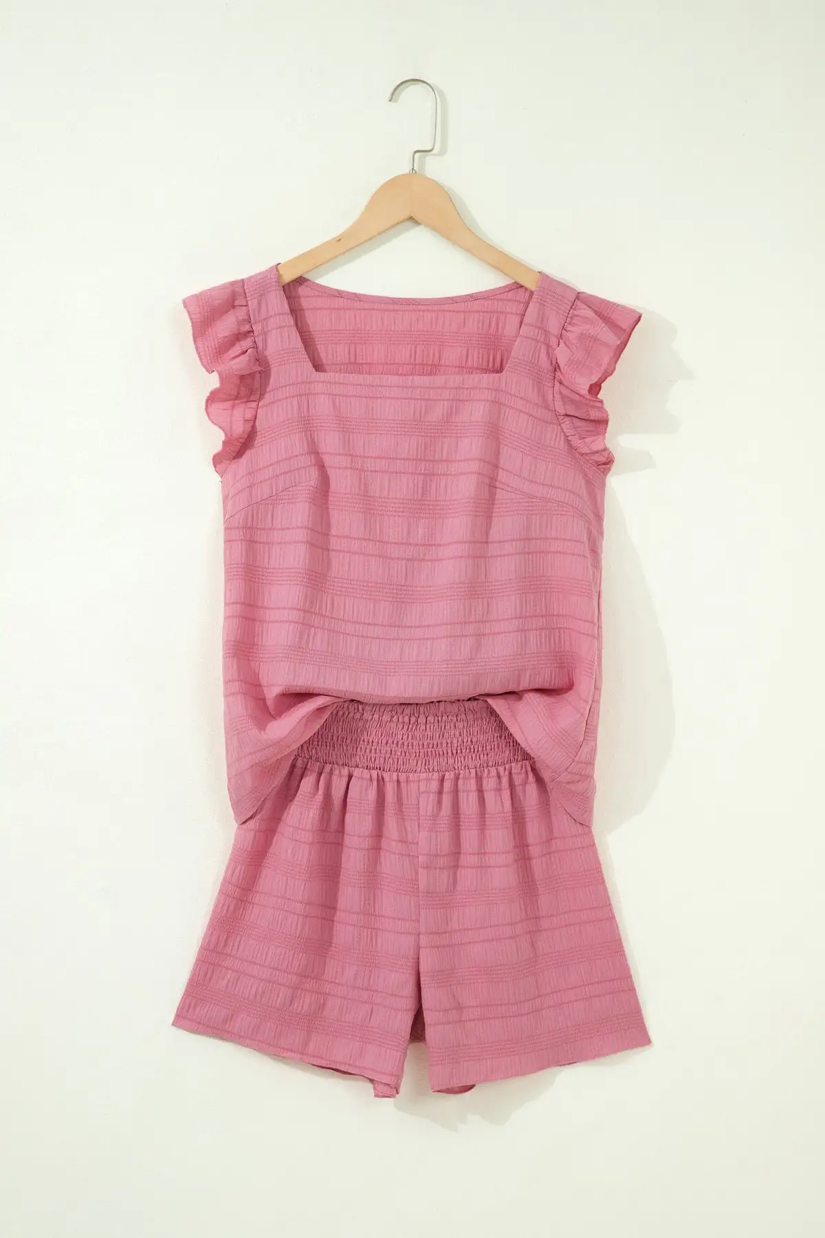 Refined High-Waist Shirred-Waist Textured Two-Piece Top and Shorts Set