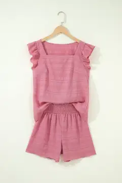 Refined High-Waist Shirred-Waist Textured Two-Piece Top and Shorts Set