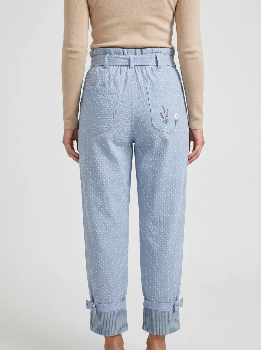 Women's Floral Daisy Lavender Polka Dot Printed Paperbag Pants