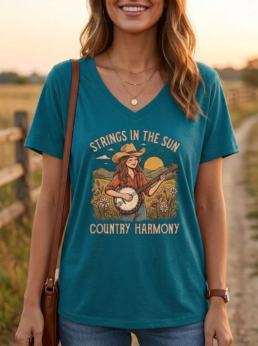 Ranch-Inspired Women's Country Music V-Neck T-Shirt