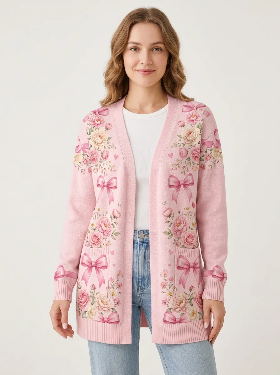 Women's Breast Cancer Awareness Floral Bow Printed Cardigan