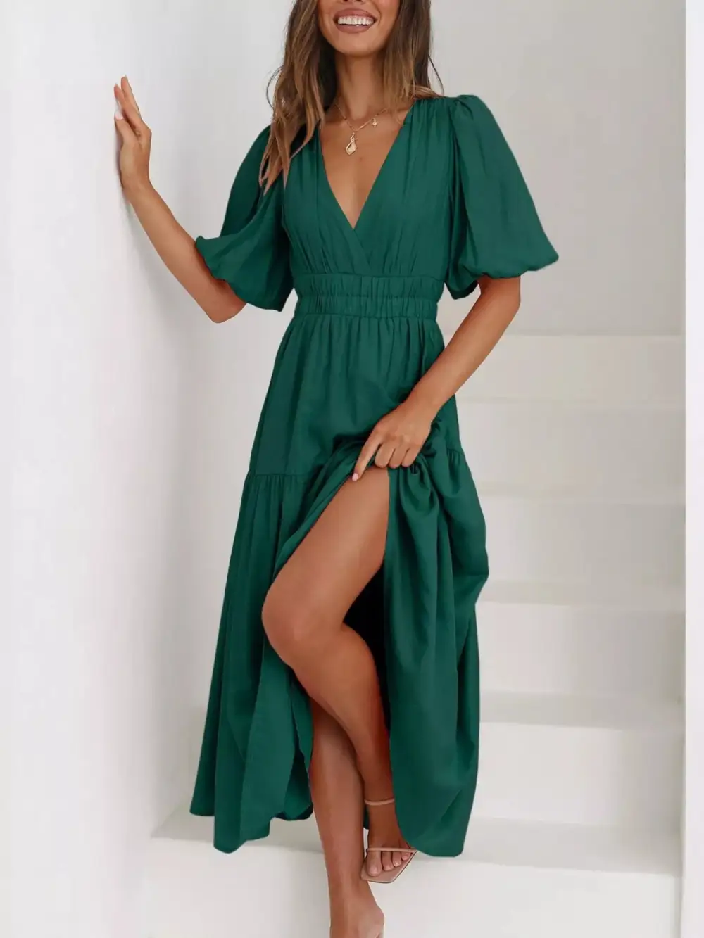 V Neck Puff Sleeve Midi Dress