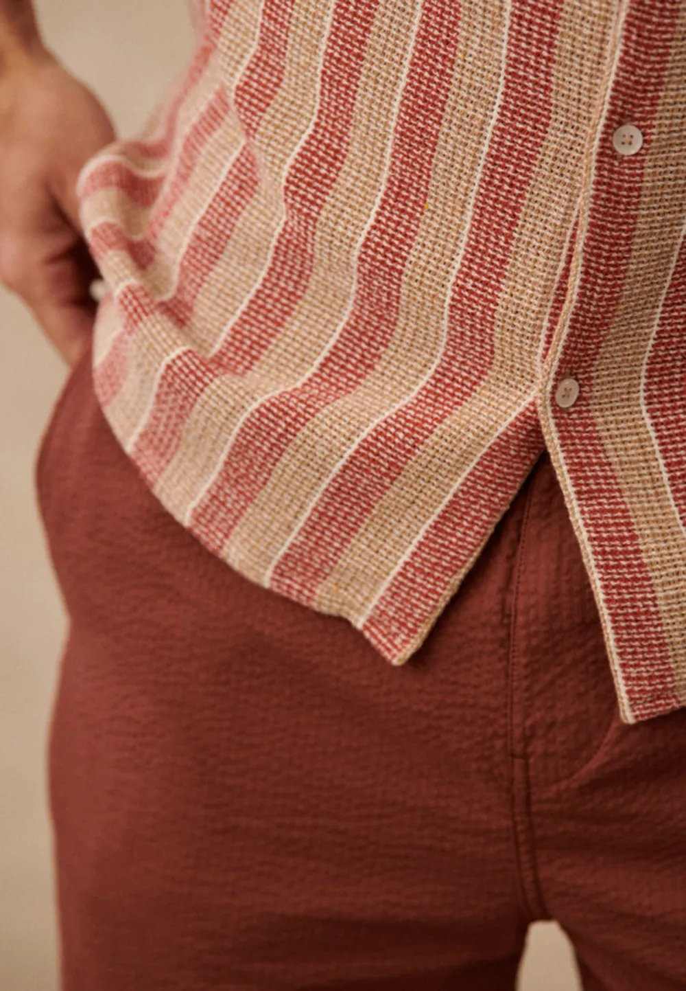 Rust Beige Stripe Textured Short Sleeve Camp Shirt