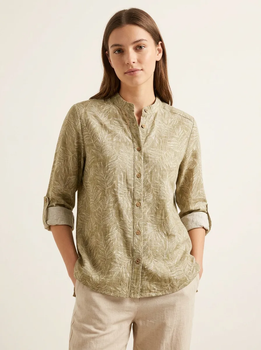 Women's Olive Green Botanical Leaf Printed Mandarin Collar Shirt