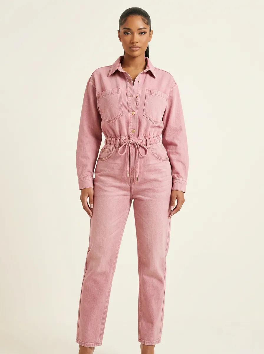 Pink Graphic Print Denim Jumpsuit