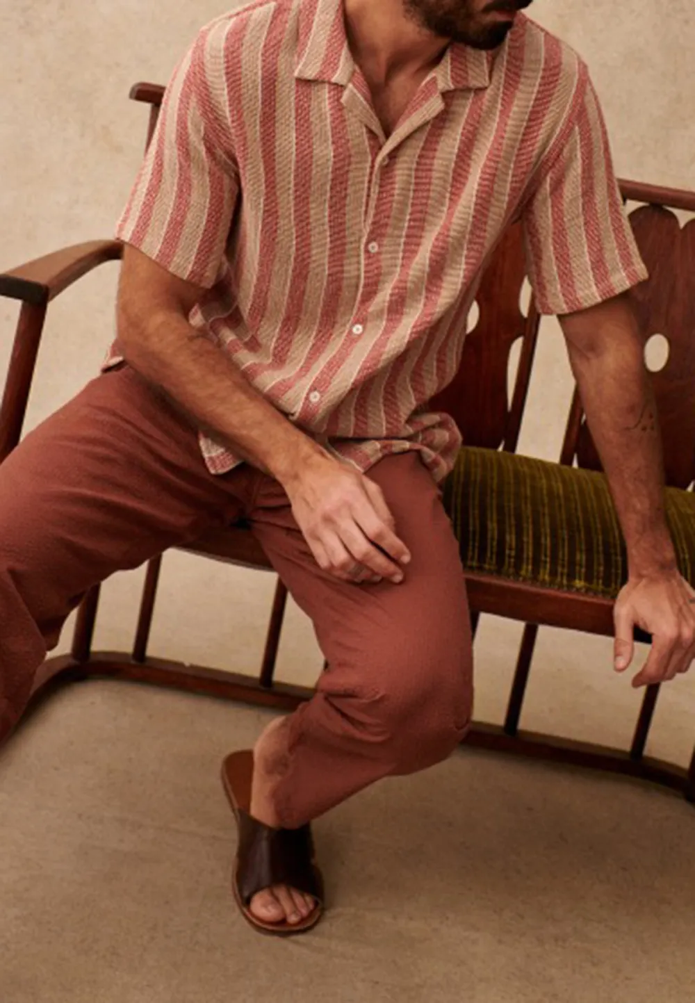 Rust Beige Stripe Textured Short Sleeve Camp Shirt