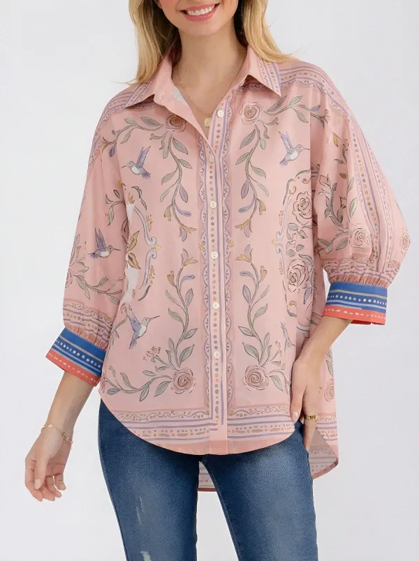 Women's Floral Hummingbird Botanical Printed Button-up Shirt