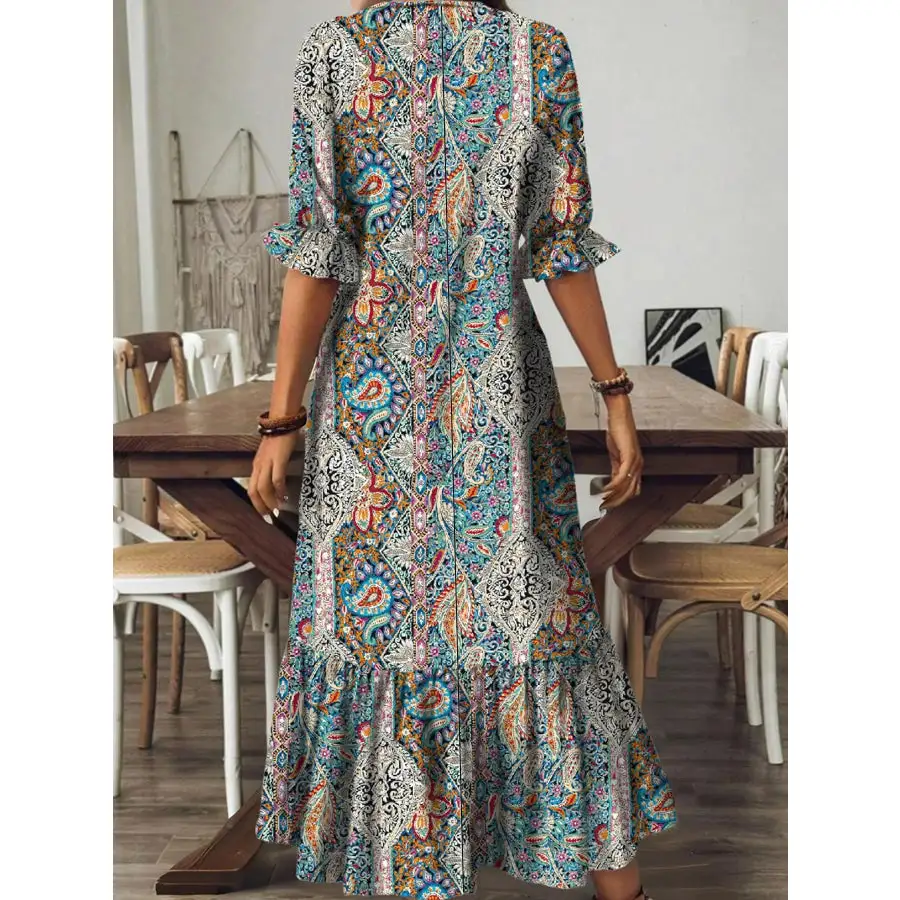 Full Size Bohemian Paisley V-Neck Midi Dress Plus Size