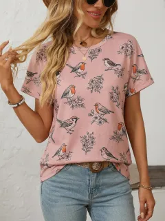 Nature-Inspired Bird Floral Women's Loose Printed T-Shirt