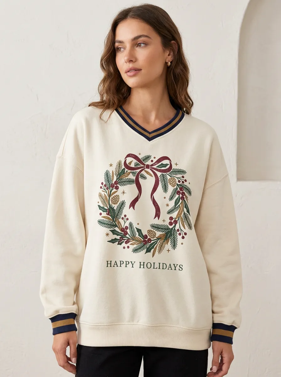 Christmas Holiday Wreath Bow Print Sweatshirt