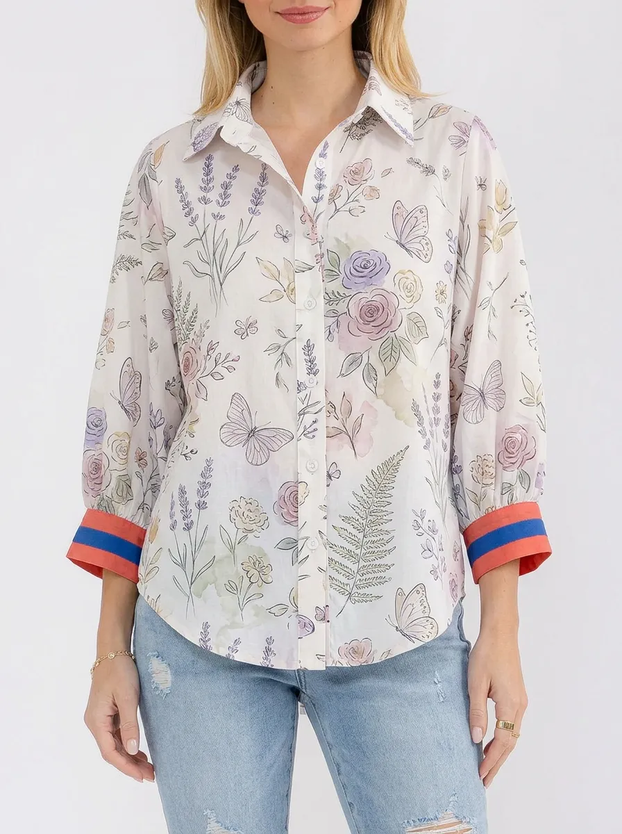 Women's Floral Butterfly Botanical Printed Button Down Shirt