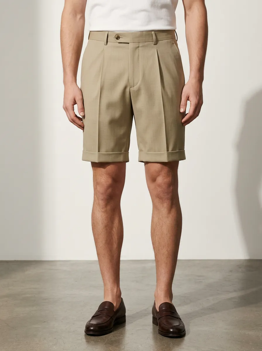 Men's Casual Khaki Pleated Cuffed Tailored Shorts