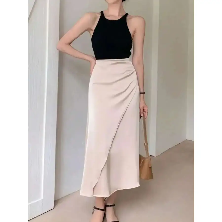 Asymmetric Wrap Midi Skirt with Fluted Hem