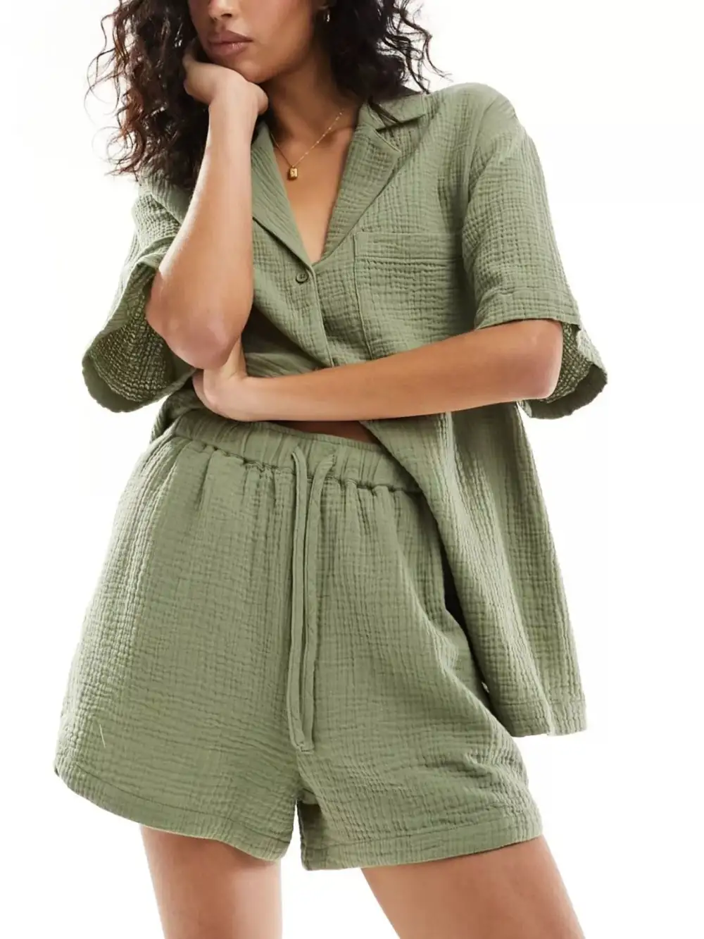 Relaxed Fit Button Up Shirt Shorts Set