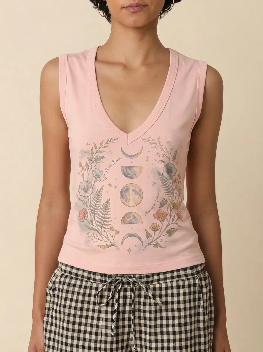 Women's Celestial Floral Moon Phase Printed V-neck Tank Top