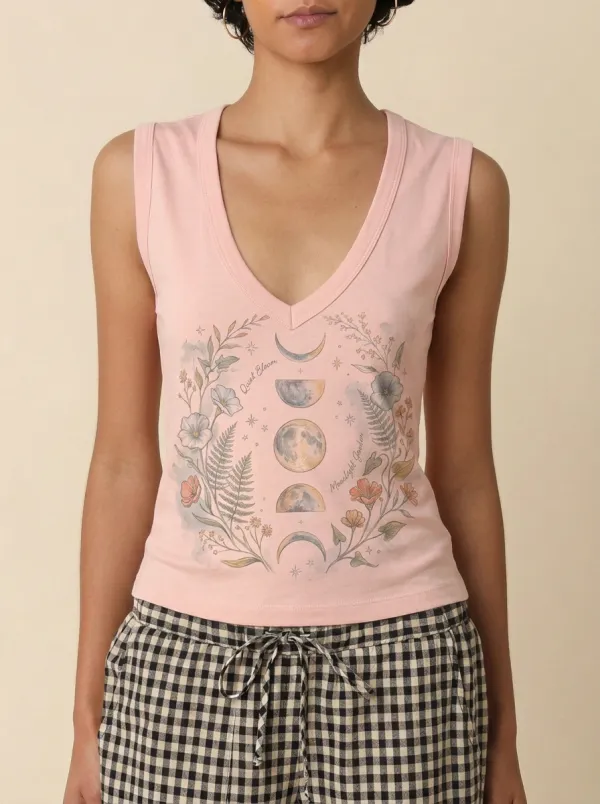 Women's Celestial Floral Moon Phase Printed V-neck Tank Top