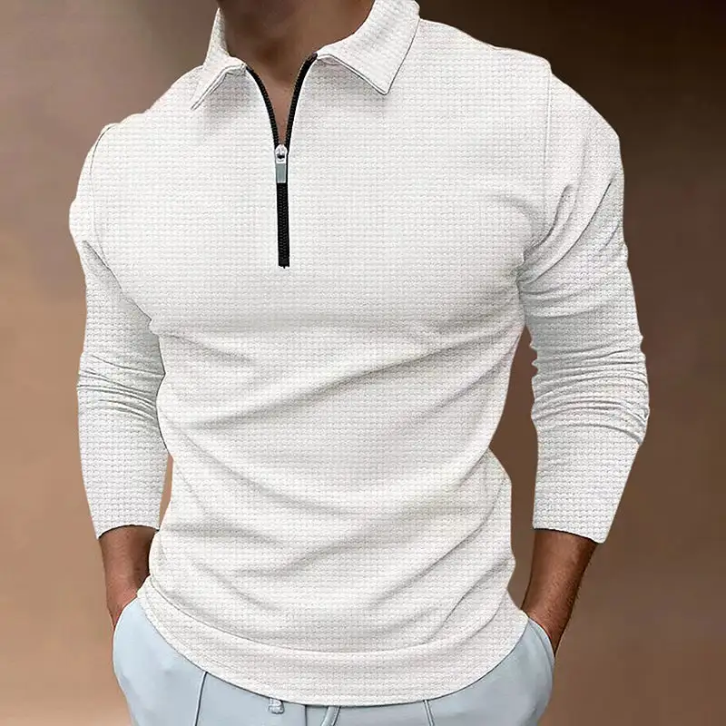 Waffle Texture Spread Collar Long Sleeve Polo Shirt