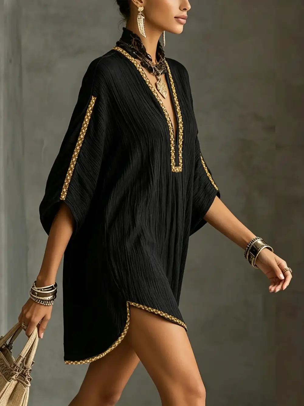 Embroidered Kaftan Mini Dress