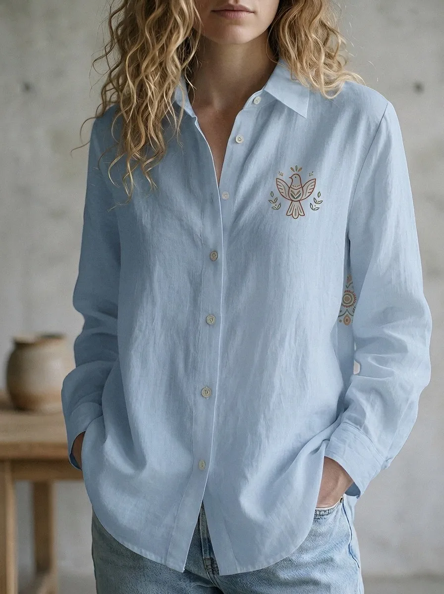 Women's Boho Nature Lover Bird Floral Printed Button-down Shirt