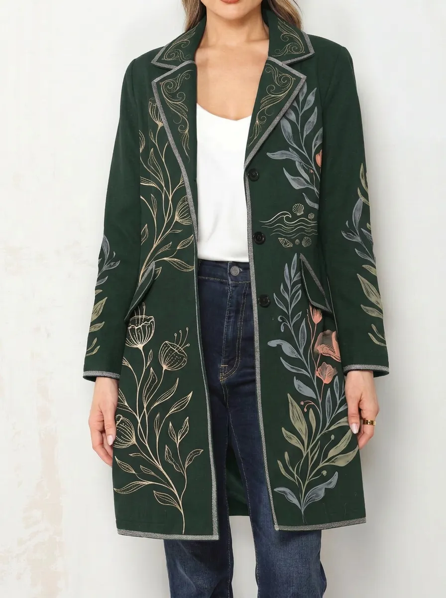 Women's Botanical Floral Art Printed Long Blazer