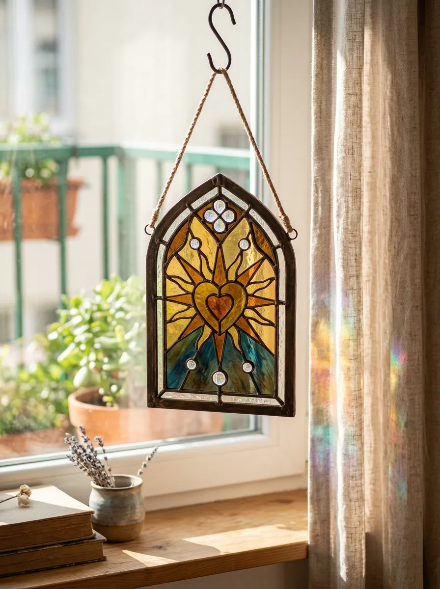Sun Heart Pattern Stained Glass Suncatcher