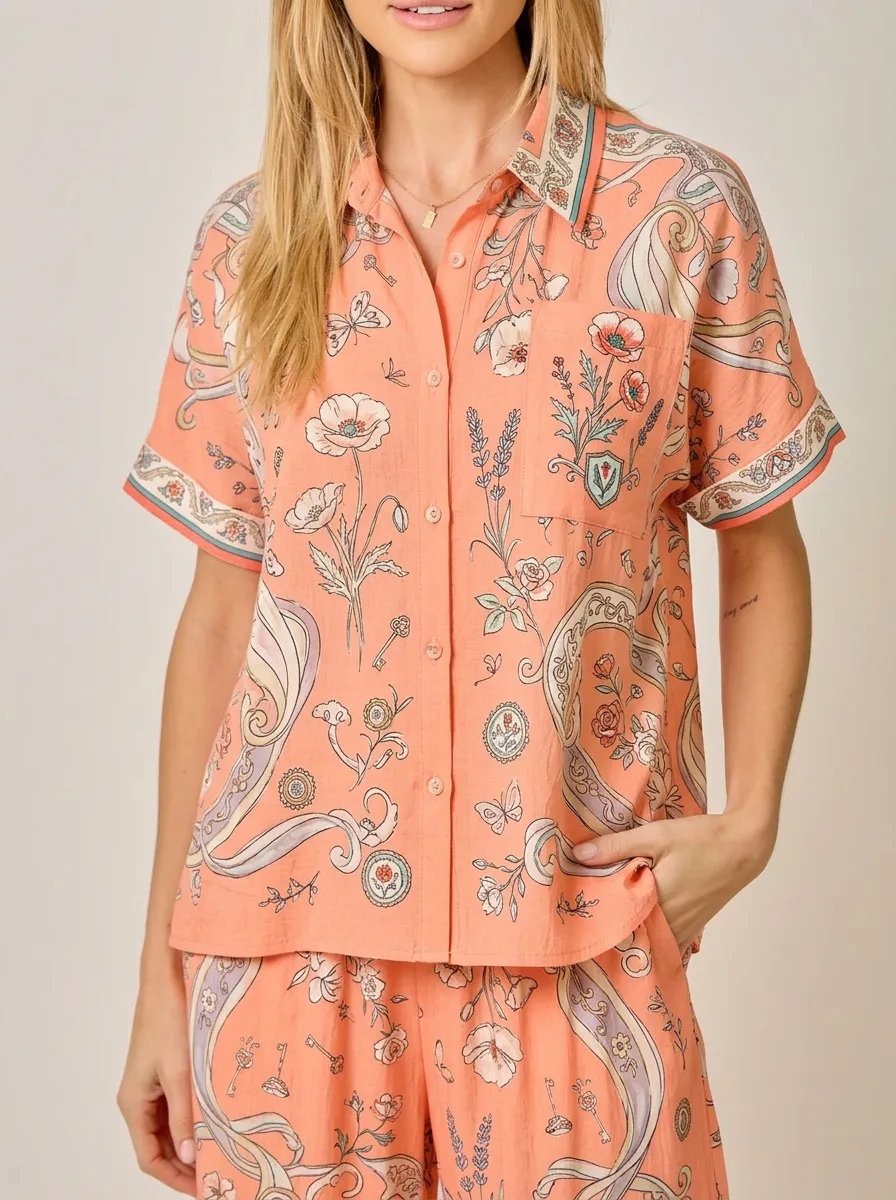 Women's Floral Paisley Butterfly Printed Button Down Shirt