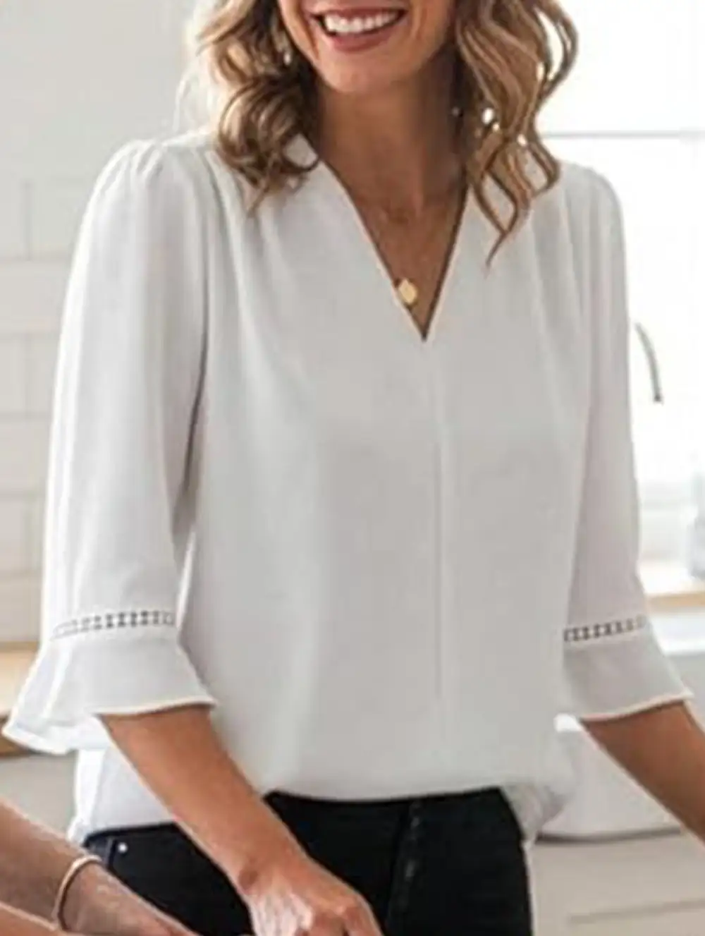V Neck Office Three Quarter Sleeve Blouse