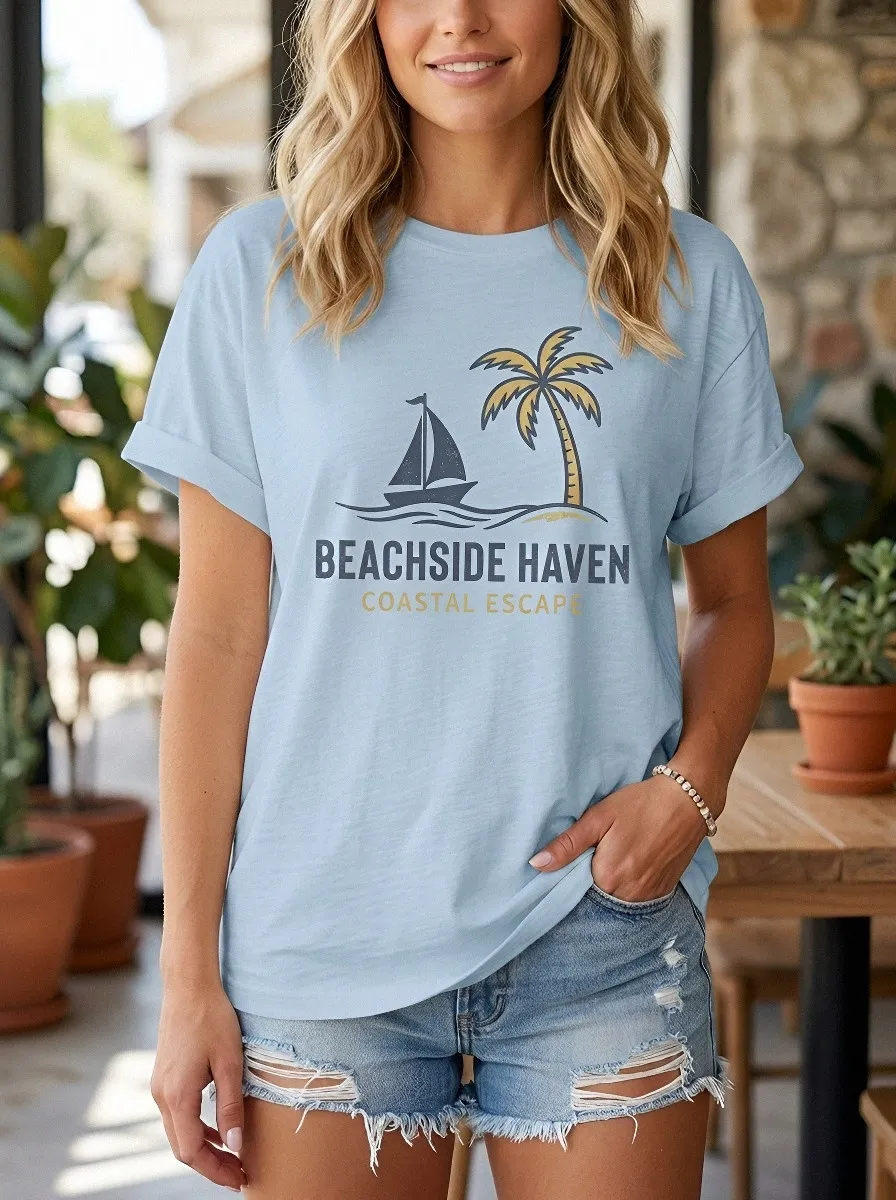 Women's Beachside Haven Sailboat Palm Tree Printed T-shirt