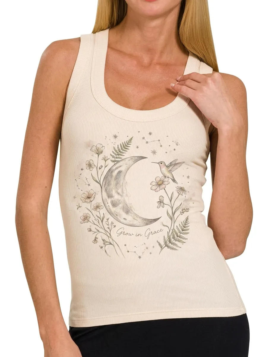 Women's Celestial Hummingbird Moon Floral Printed Tank Top