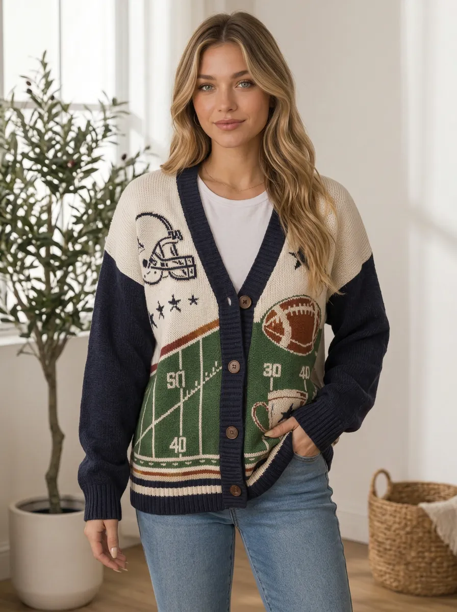 Women's Classic Gridiron Helmet Ball Field Knit Cardigan